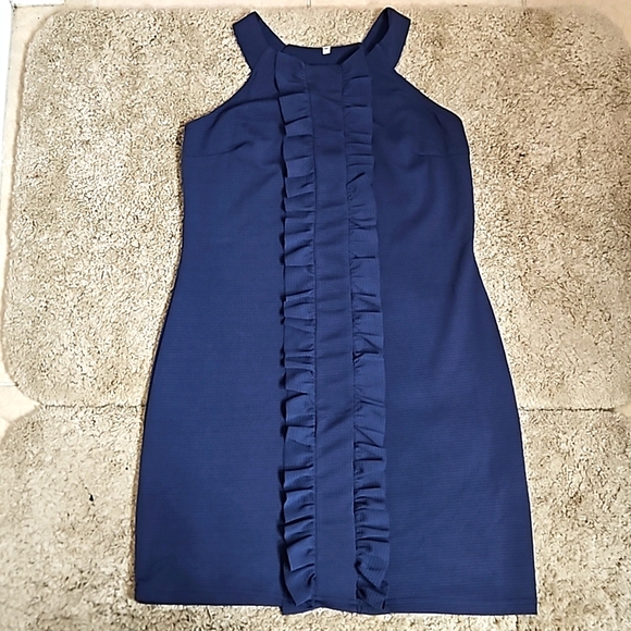 Linda Fashion Ruffle Tunic Halter Neck Dress Navy Blue Size Medium - Picture 6 of 9
